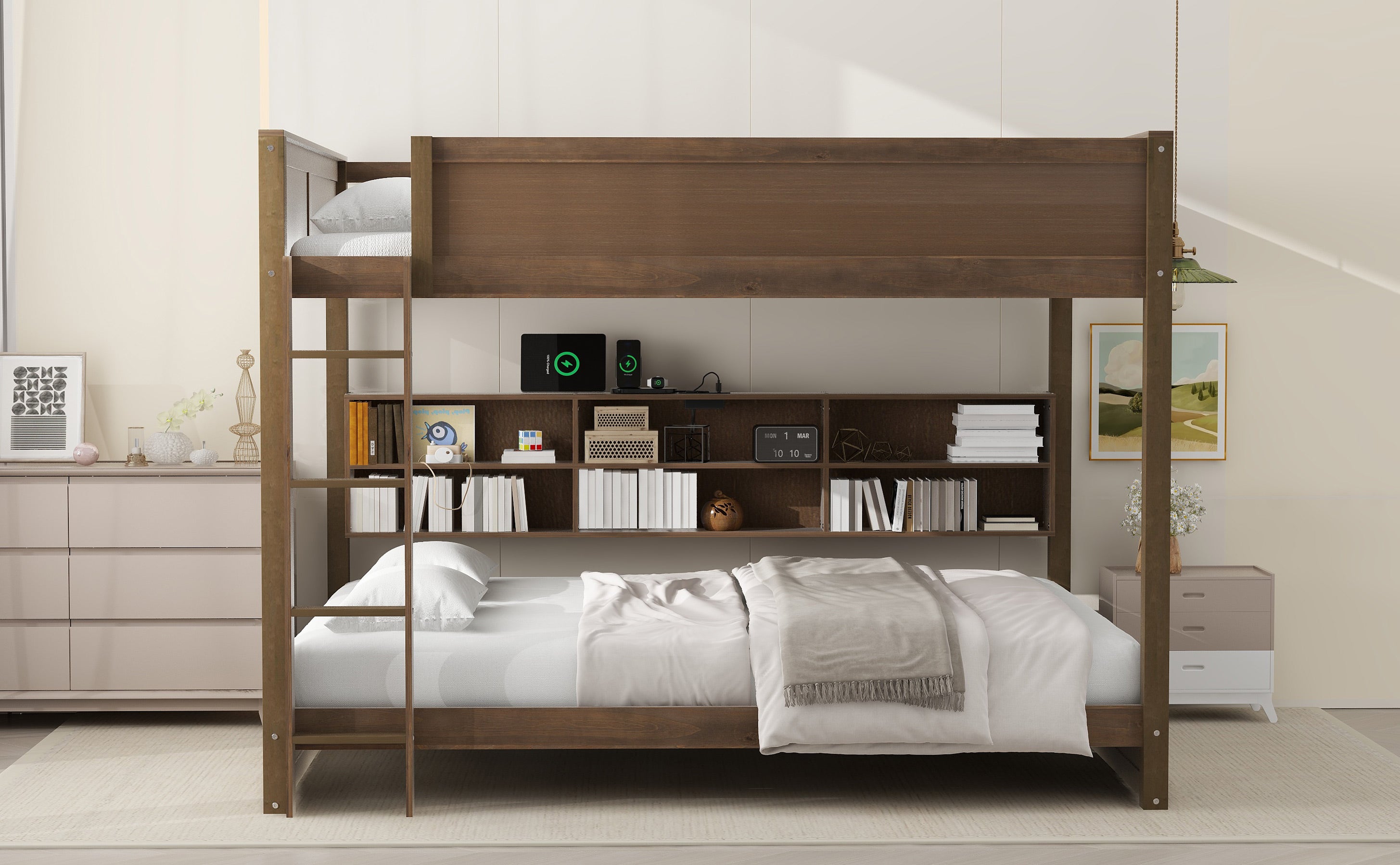 Queen over Queen Bunk Bed with Storage Cabinets and USB Ports