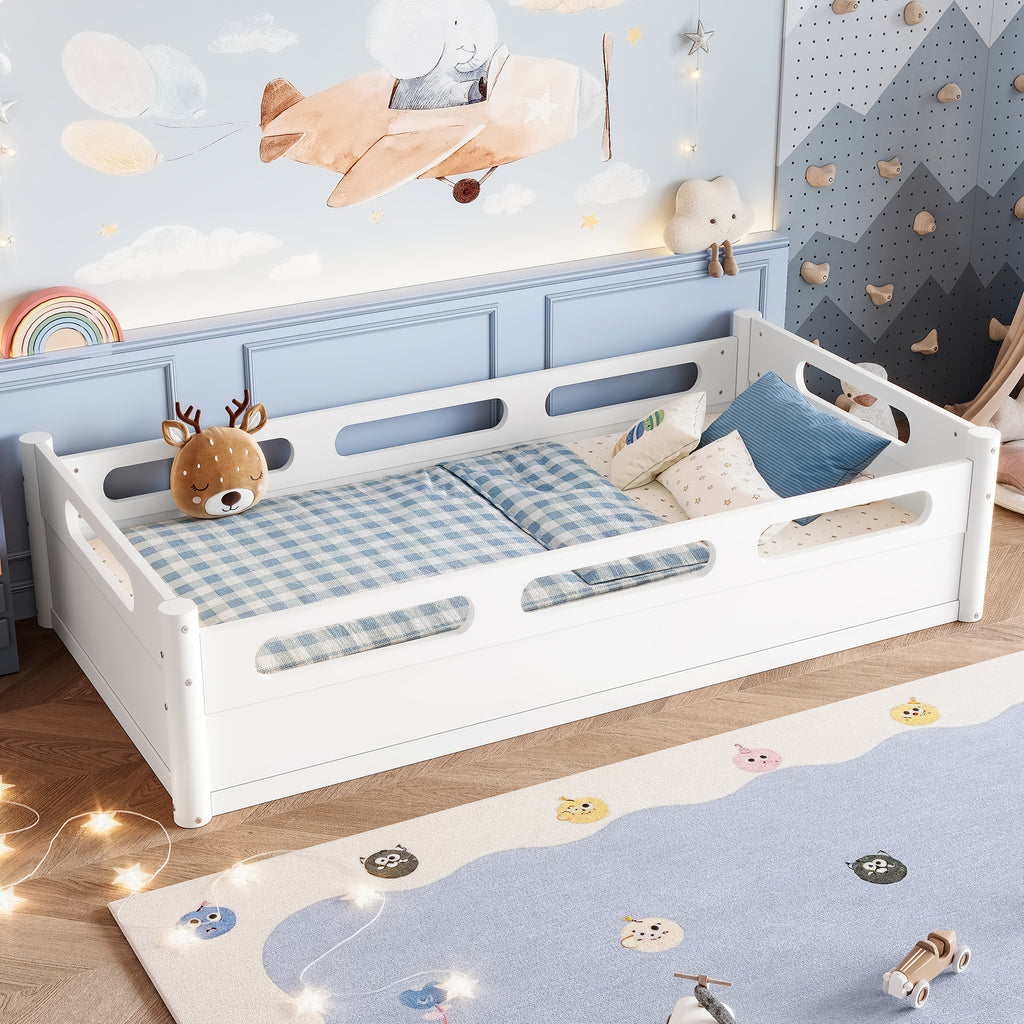 Twin Size Floor Platform Bed with Full-length Guardrails
