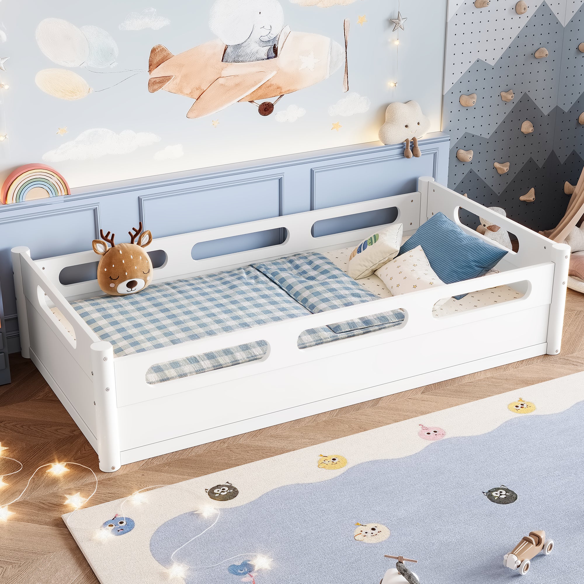 Twin Size Floor Platform Bed with Full-length Guardrails