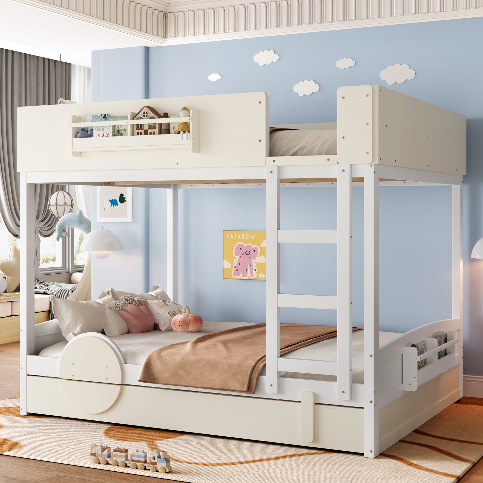 Queen Bunk Bed With Trundle and Bookshelf