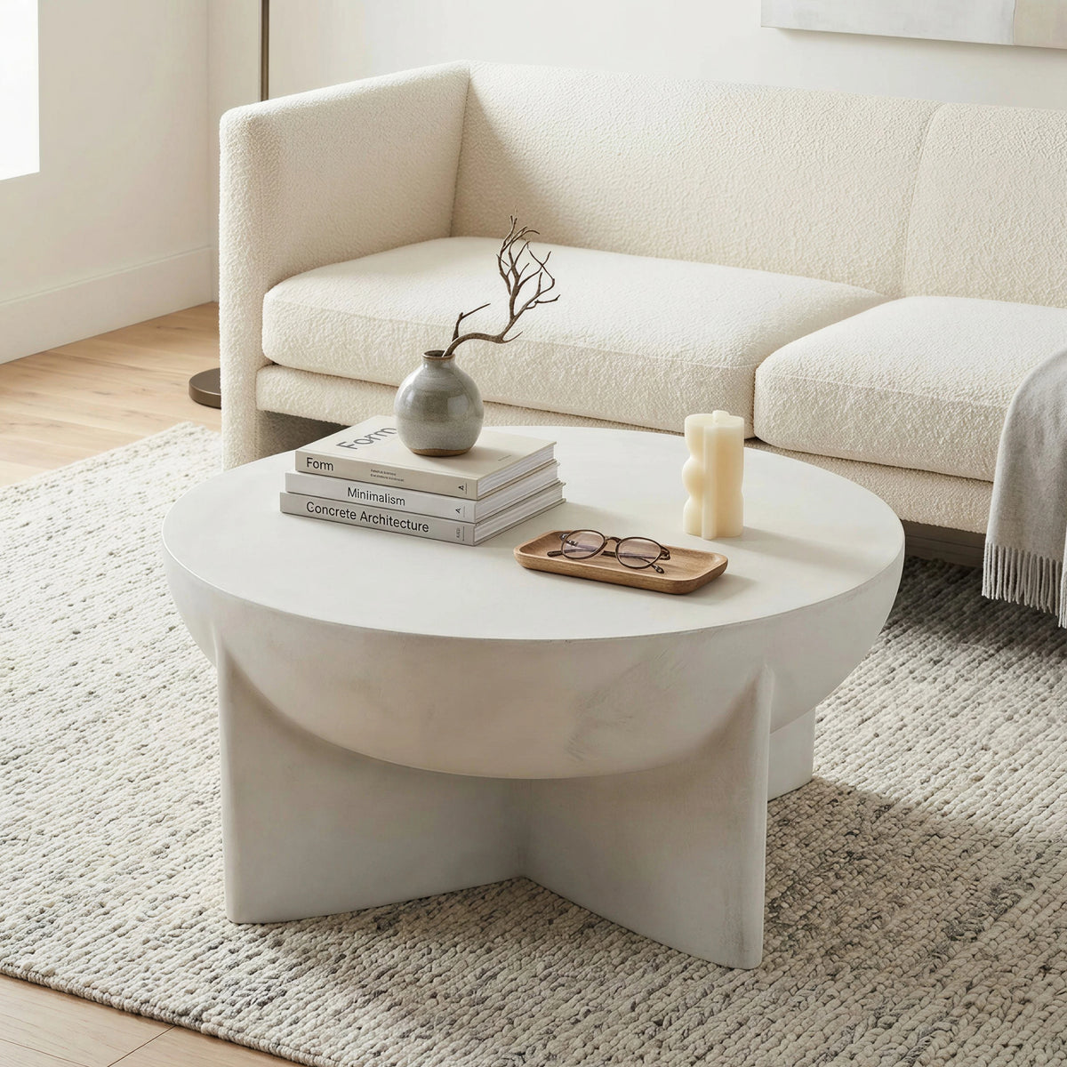Matte White Distressed Round Coffee Table, Magnesium Oxide Sculptural Tripod Base
