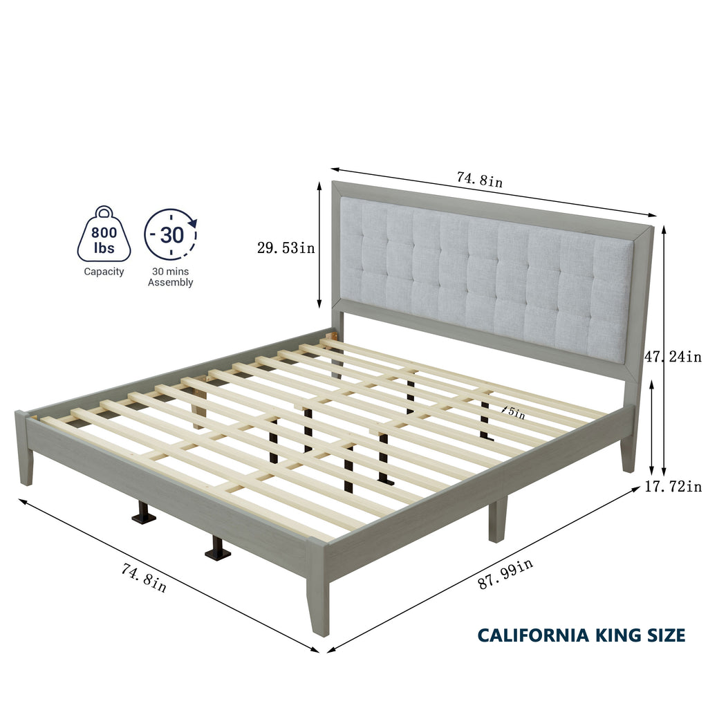 Solid Wood Platform Upholstered Headboard California King Bed