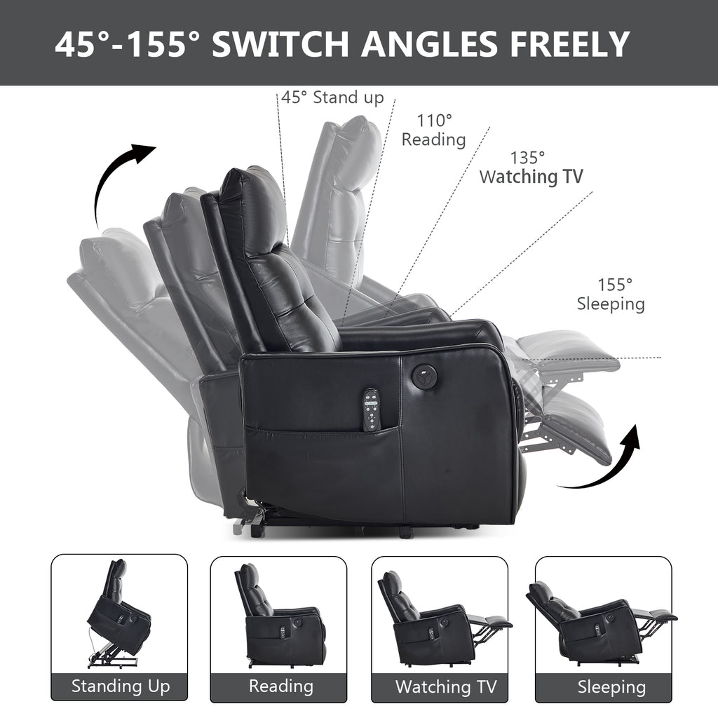 Black PU Single Motor Power Lift Recliner Chair with Massage and Heat