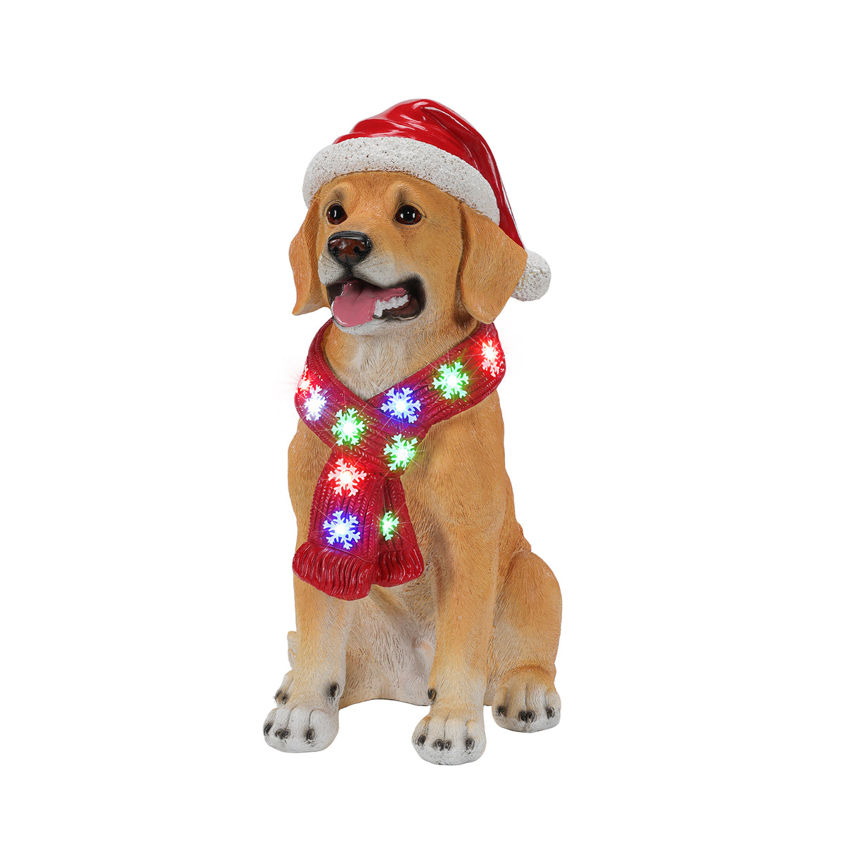 Lighted Christmas Golden Retriever Dog Statue, Santa Hat Puppy, LED Scarf