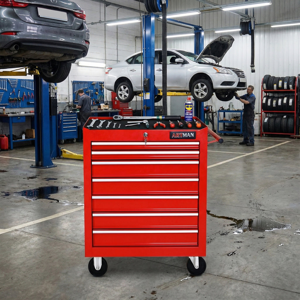 7 Drawers Multifunctional Tool Cart With Wheels - Red