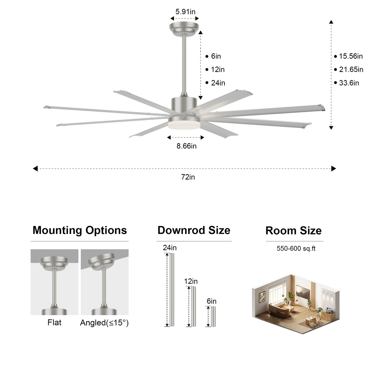72 Inch Industrial PM DC Motor Ceiling Fan with Light