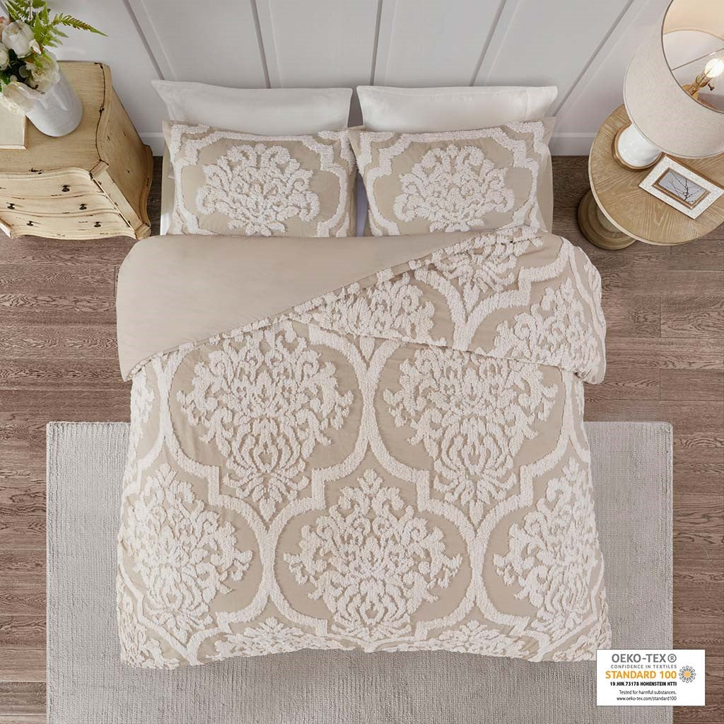King/Cal King 3 Piece Tufted Cotton Chenille Damask Duvet Cover Set