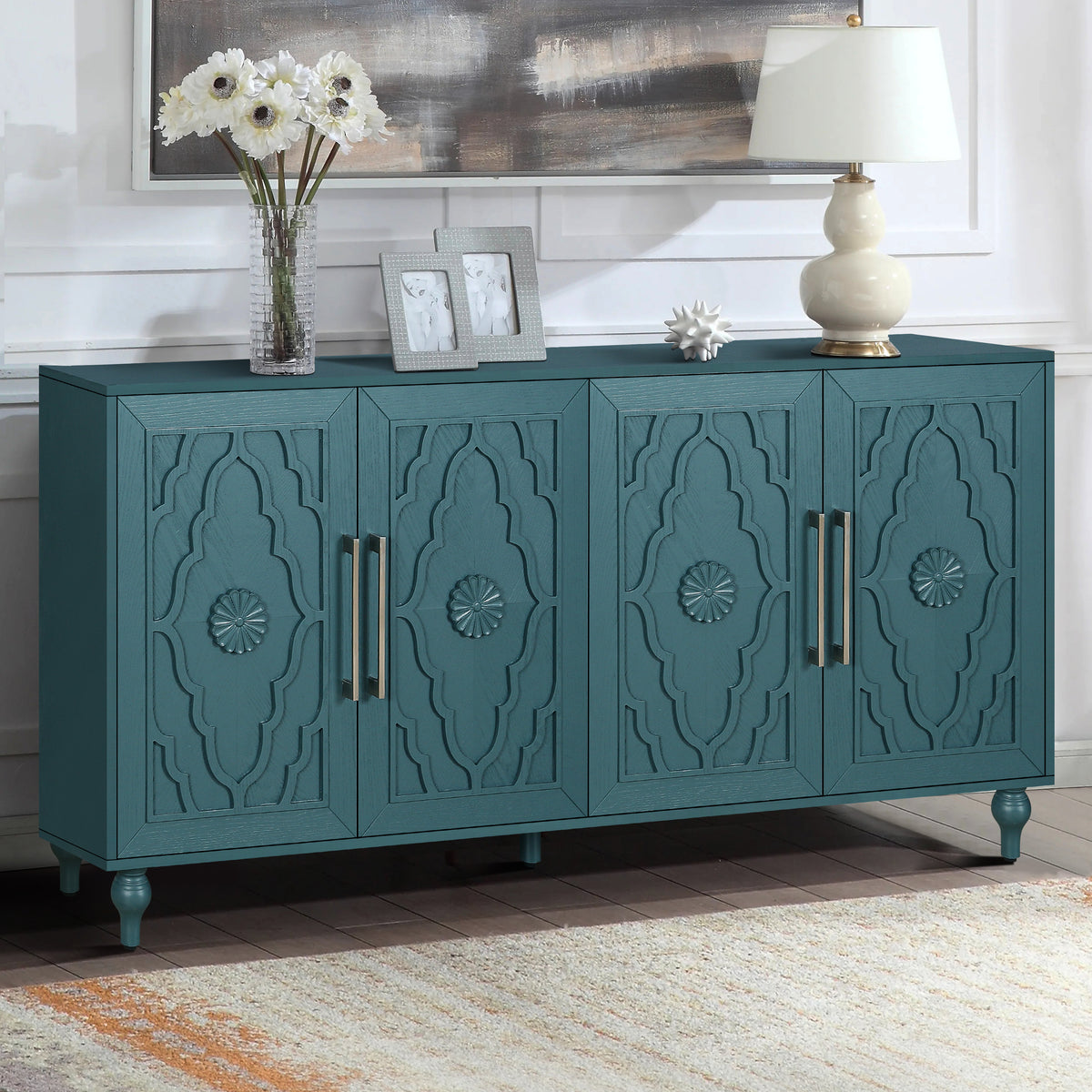 63-Inch Storage Cabinet with Carved Flower Doors, Navy Blue