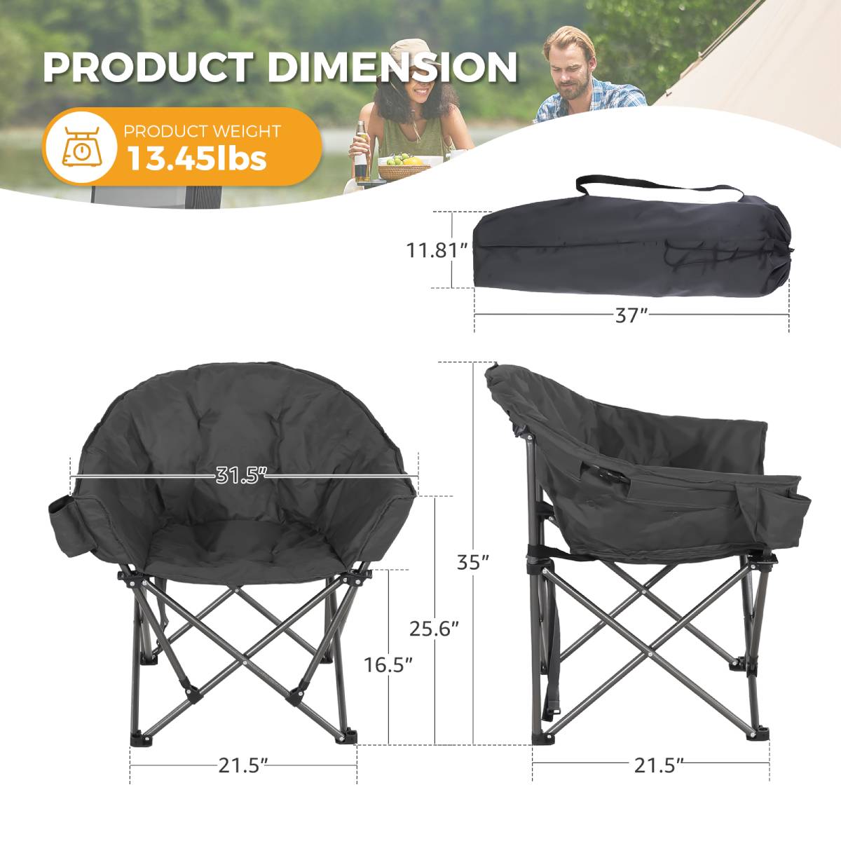 Oversized Camping Chair: Portable Folding Moon Chair with Side Pocket