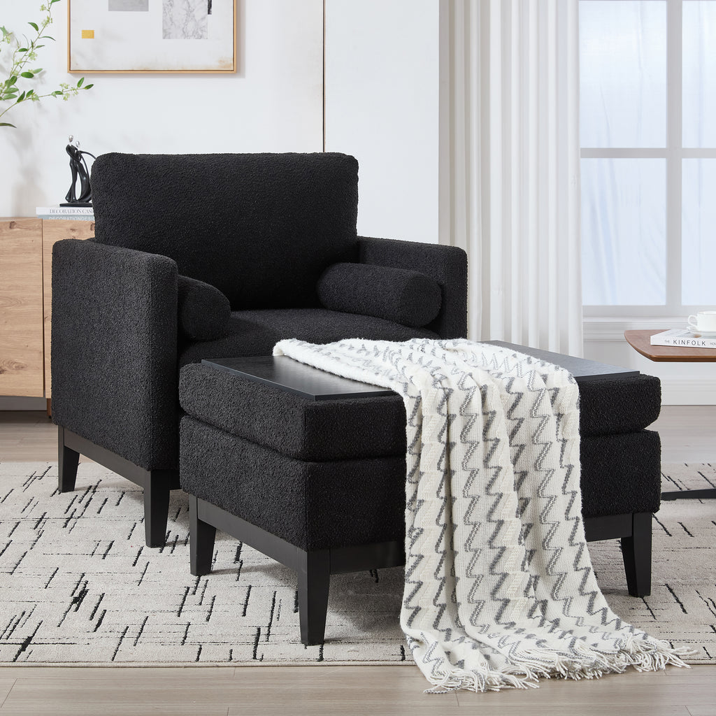 Farmhouse Performance Upholstered Wood Base Square Accent Arm Chair with Ottoman