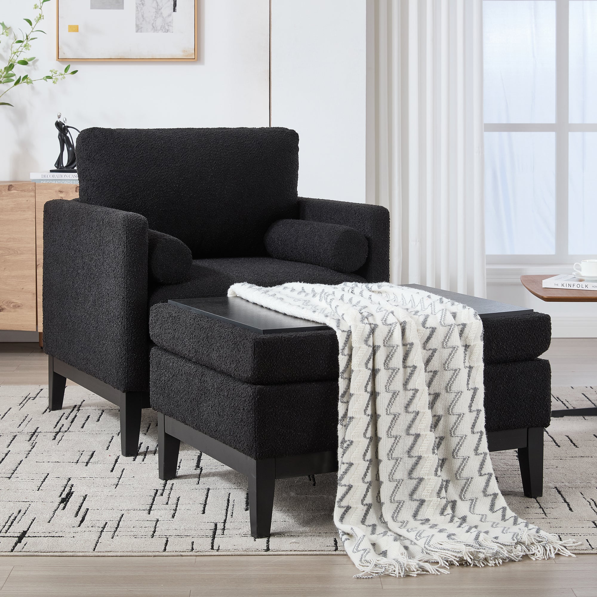 Farmhouse Performance Upholstered Wood Base Square Accent Arm Chair with Ottoman
