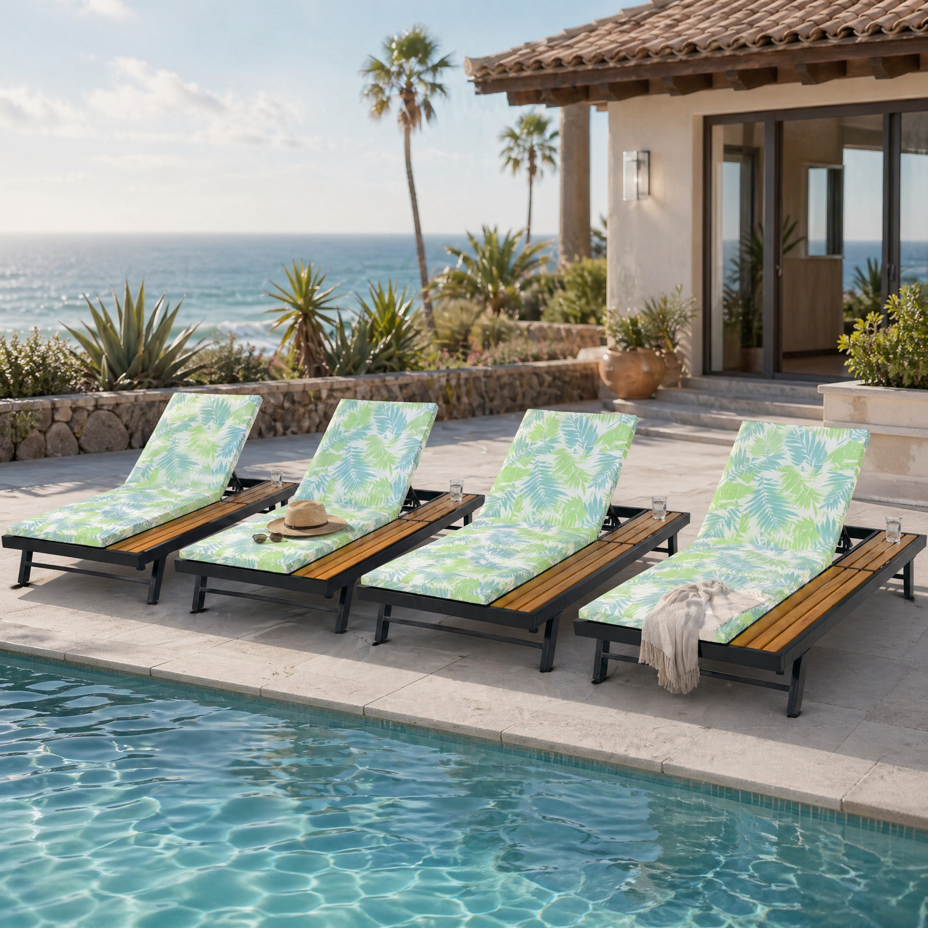 Black Iron + Teak Finish Outdoor Chaise Lounge Set