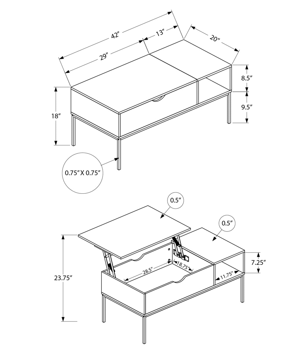 Lift-Top Coffee Table, 42" L, Rectangular, Dark Finish