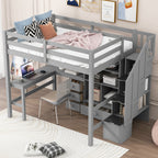 Full Size Loft Bed with L-Shaped Desk and Drawers