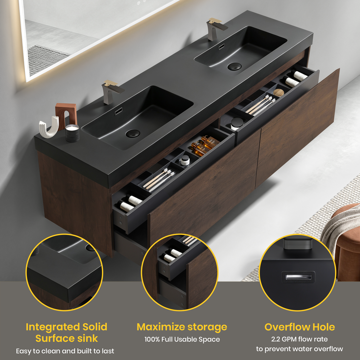 Alicia 72-Inch Mid-Century Bathroom Vanity with Double Sink, Dark Walnut