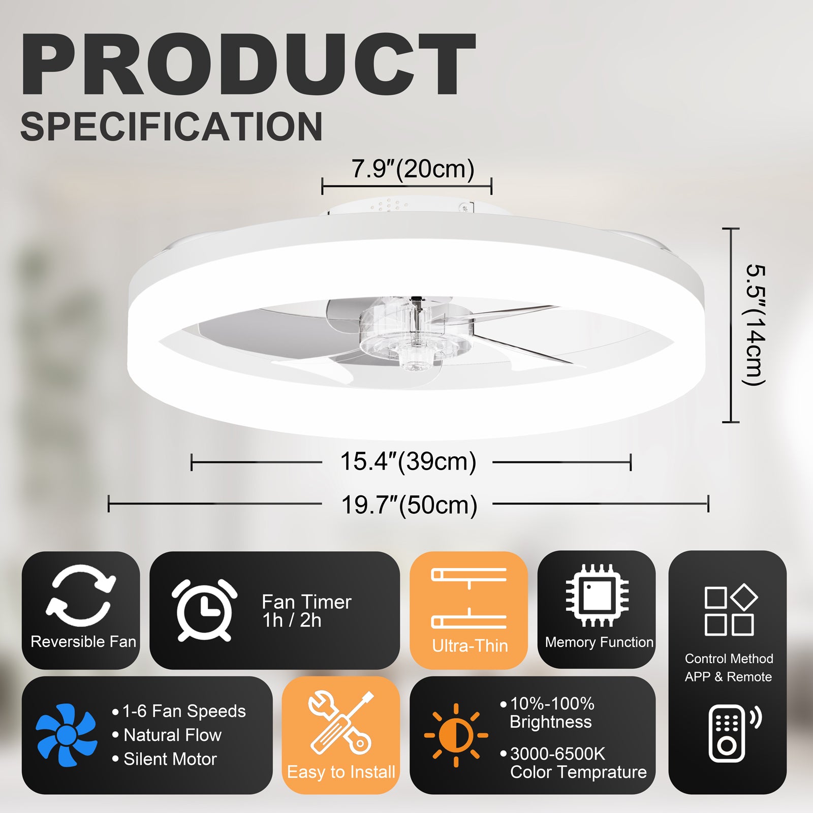 19.7'' LED Ceiling Fan Light with Remote & App Control