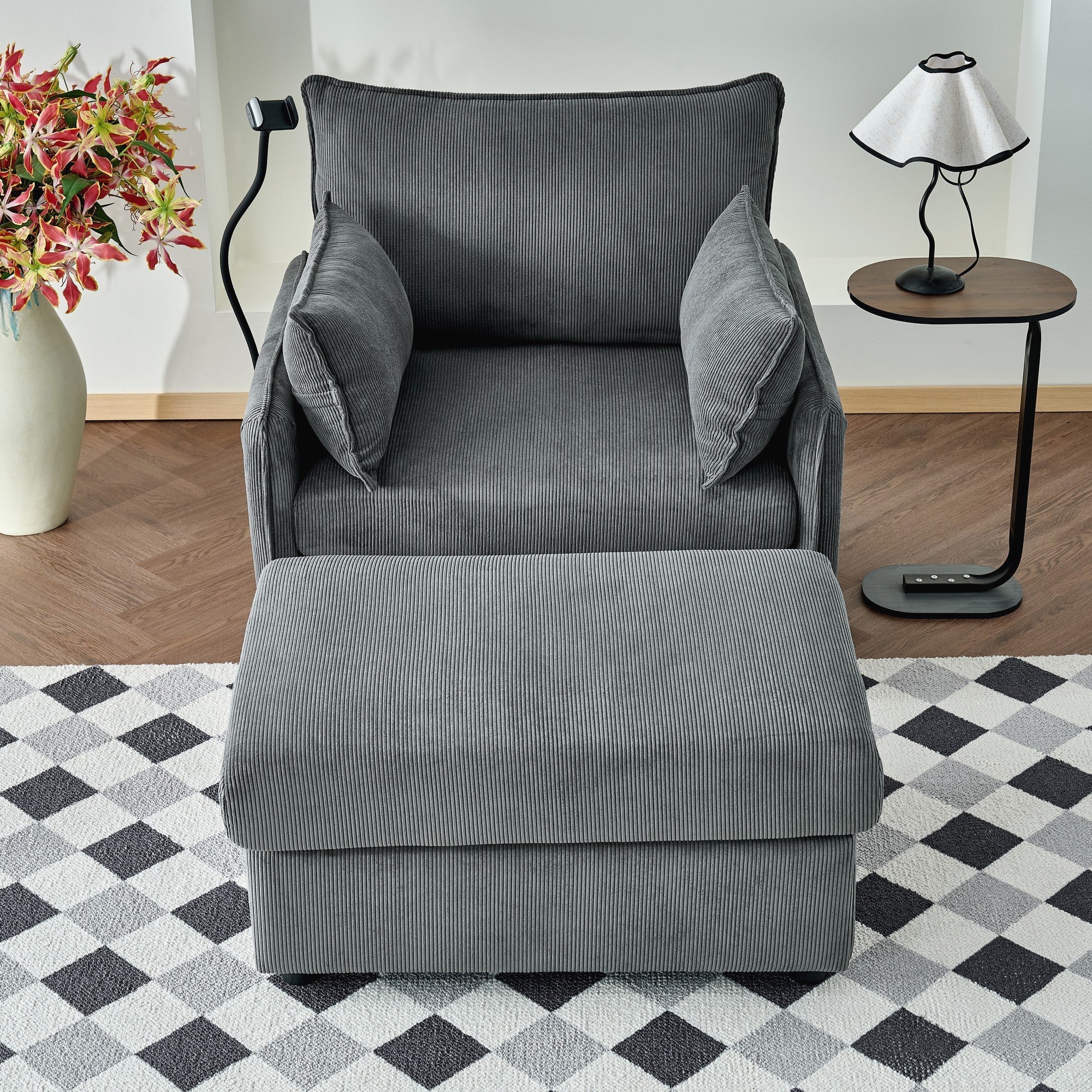 Comfy Corduroy Oversized Chaise Lounge Chair with Ottoman and Storage