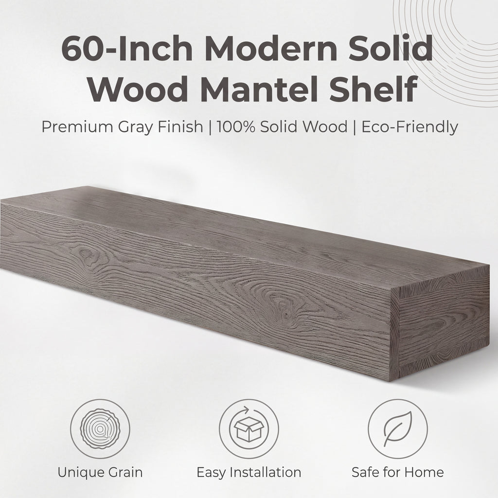 60-Inch Rustic Embossed Wood Fireplace Mantel, Wall-Mounted Floating Shelf, Gray