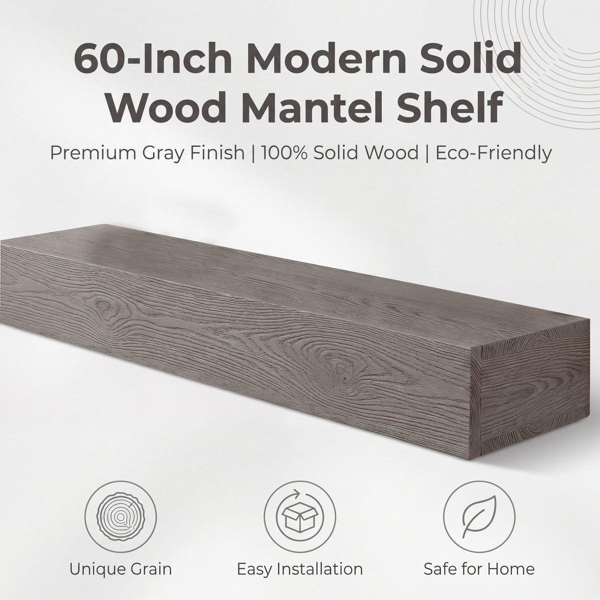 60-Inch Rustic Embossed Wood Fireplace Mantel, Wall-Mounted Floating Shelf, Gray
