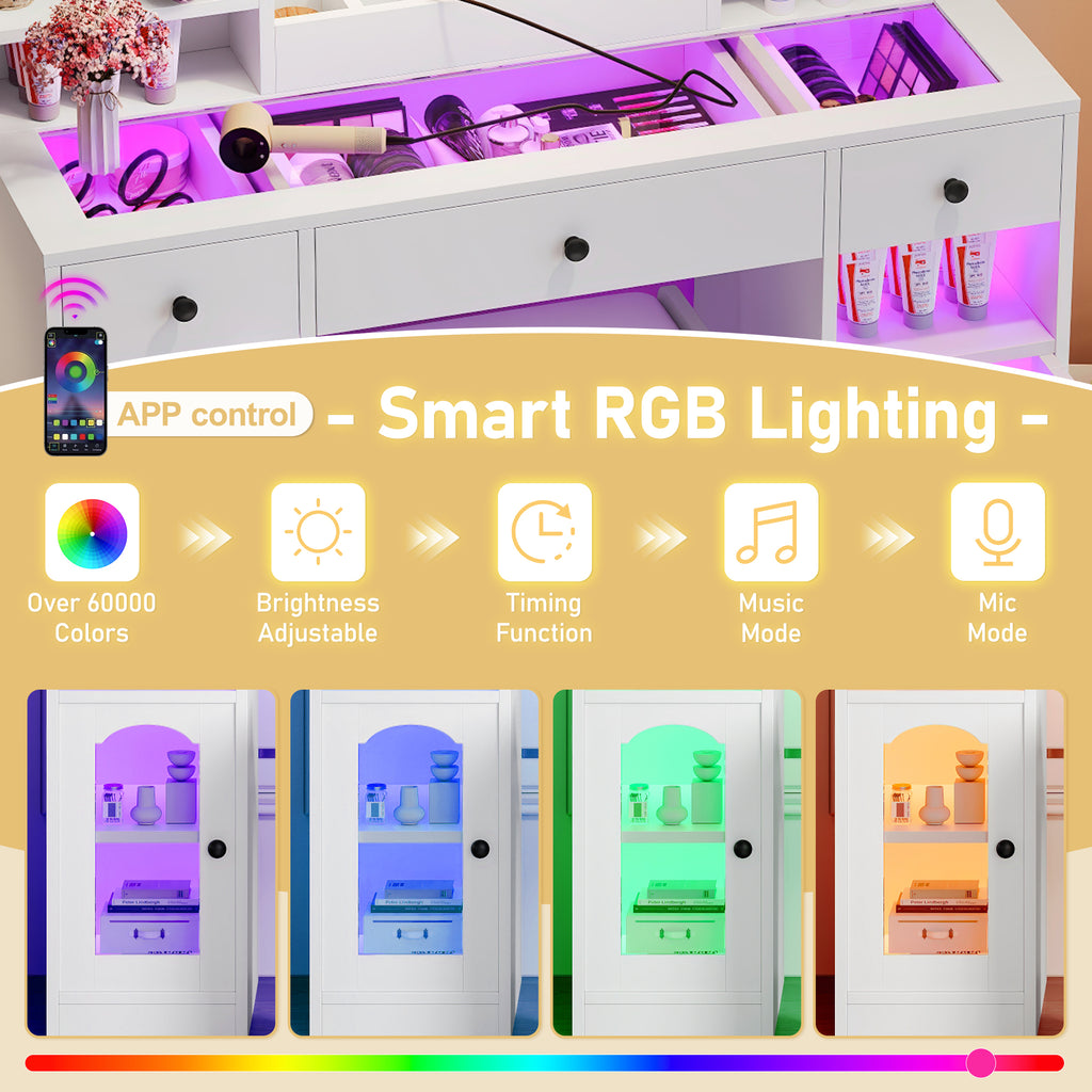 43.2" Vanity Desk with LED Mirror and RGB Light Cabinets