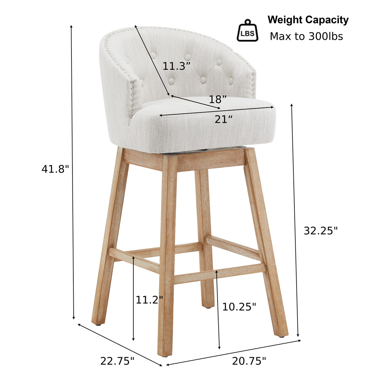 32.25" Swivel Counter Stools Set of 2, Upholstered Counter Height Bar Stools with Solid Rubber Wood Frame, Backrest, Footrest, Armless Barstools for Home Bar, Kitchen Counter