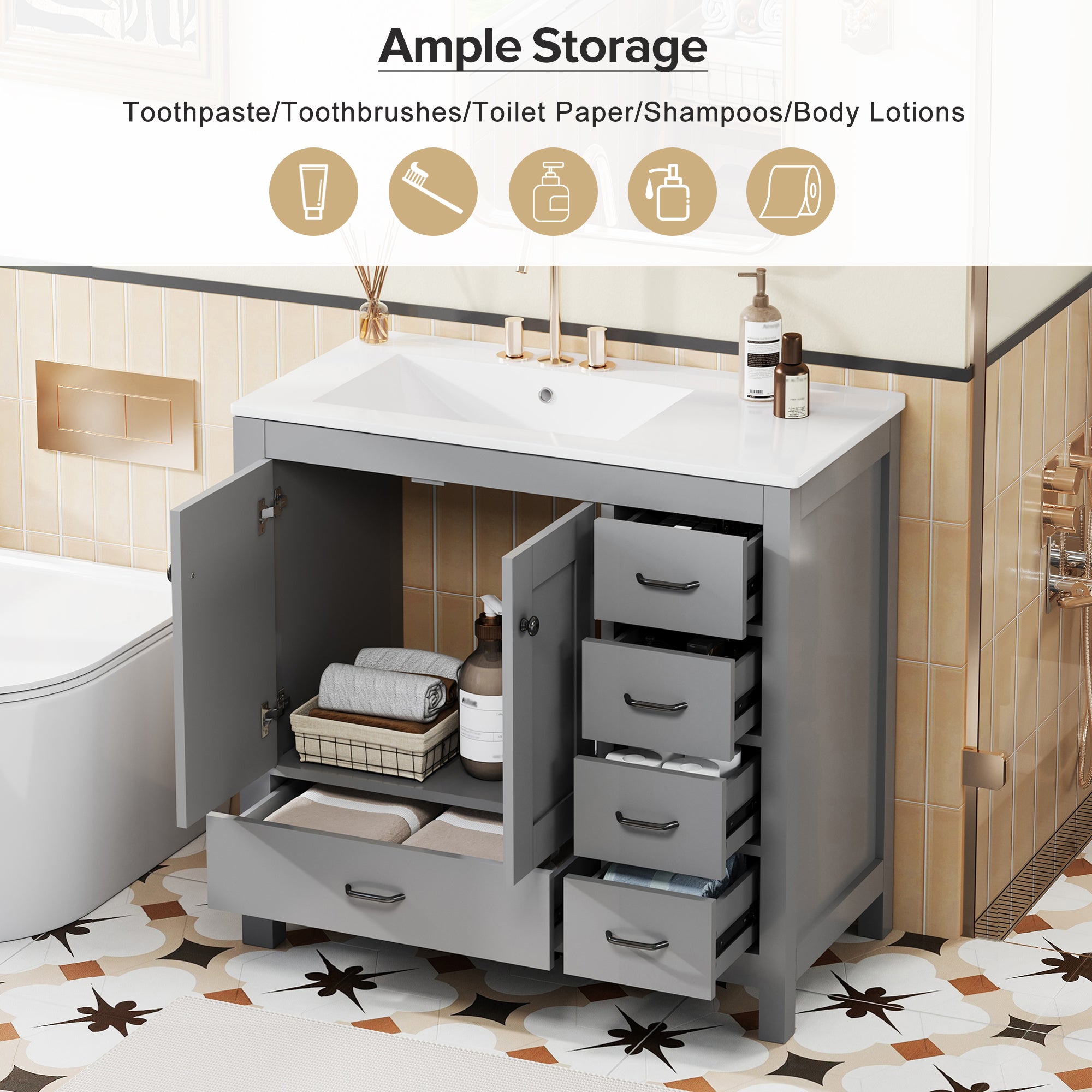 36" Gray Bathroom Vanity with Ceramic Sink
