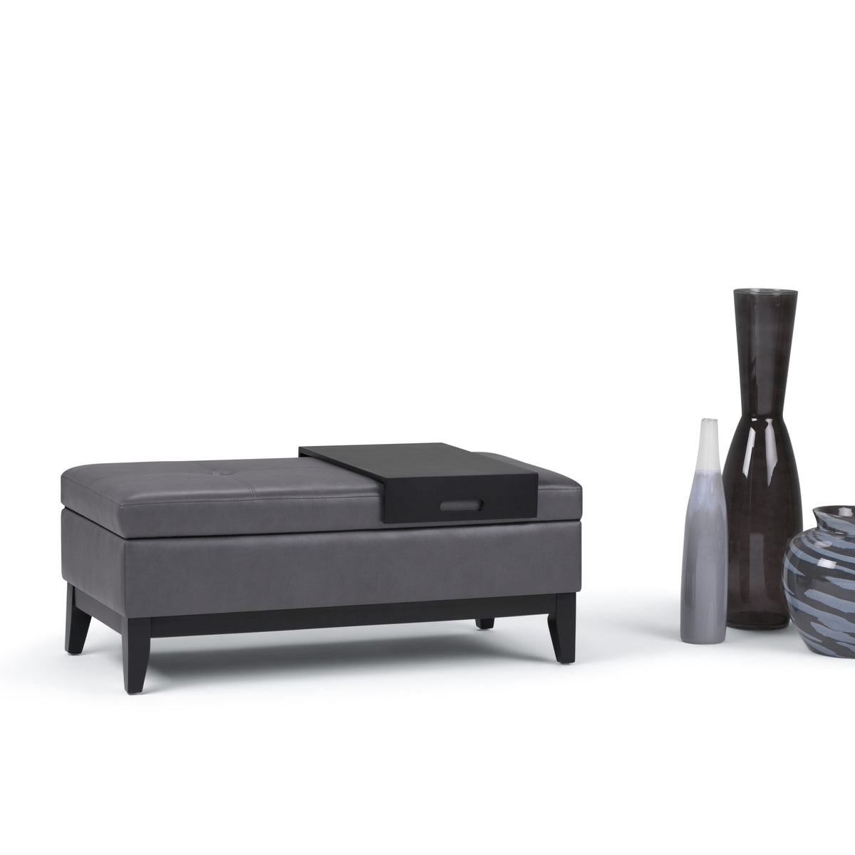 Oregon 42 Inch Wide Storage Ottoman Bench with Tray in Stone