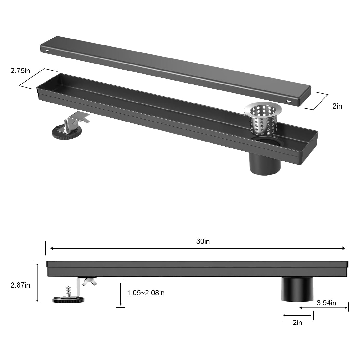 30 Inch Offset Linear Shower Drain with Reversible Cover