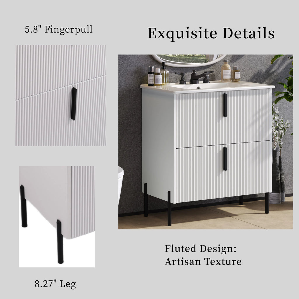 30" Bathroom Vanity with Ceramic Sink and Fluted Design