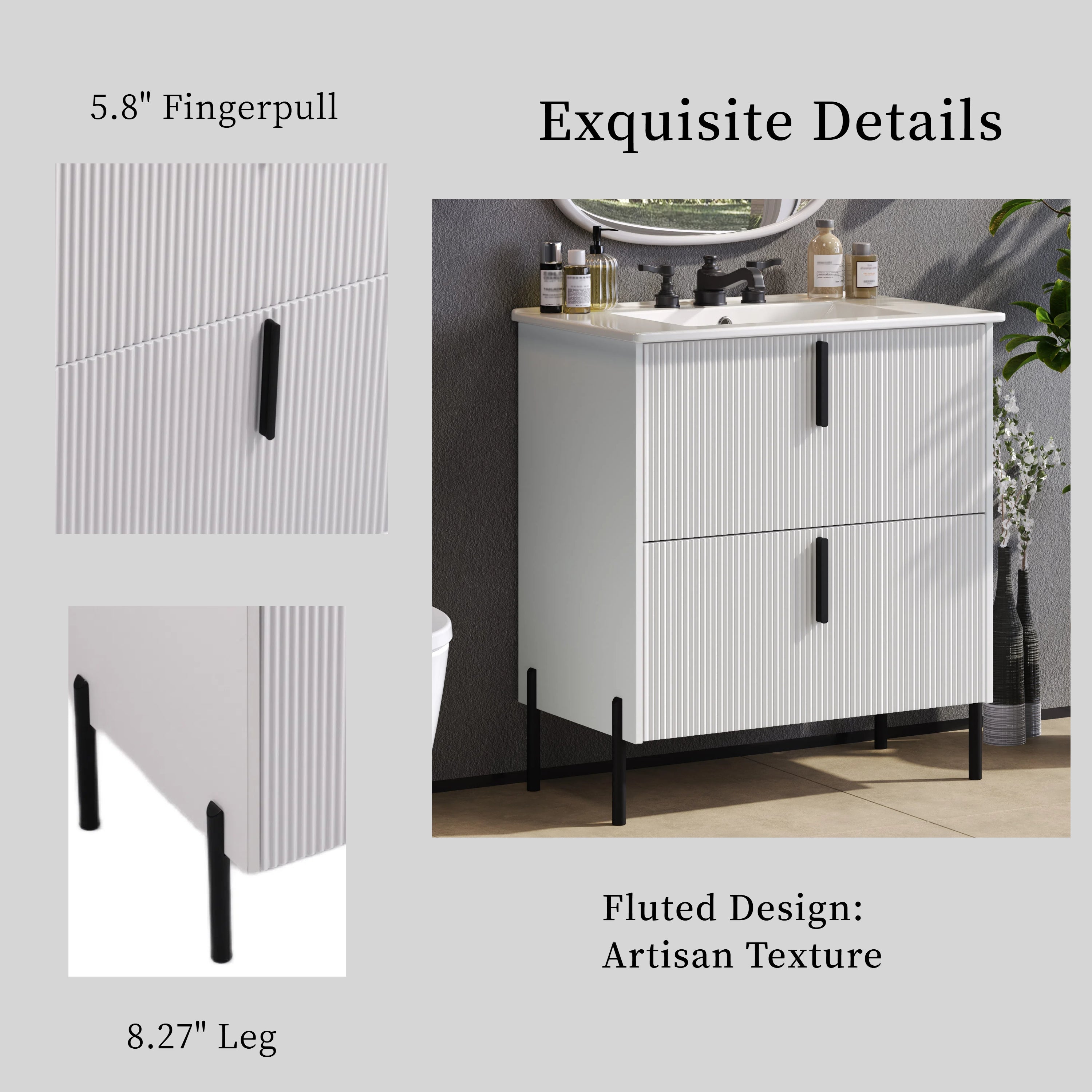 30" Bathroom Vanity with Ceramic Sink and Fluted Design