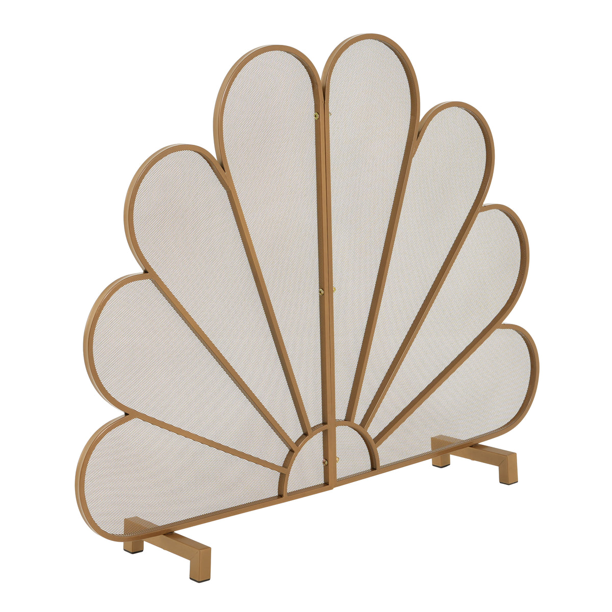 Gold Fan‑Shaped Peacock Design Freestanding Fireplace Screen, 2‑Panel Decorative Metal Mesh Spark Barrier for Home Indoor Fireplaces