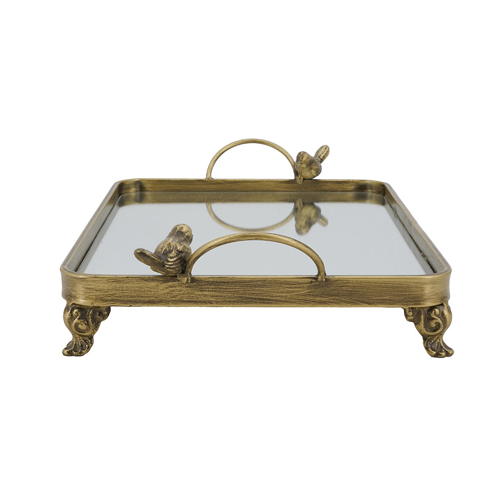 16.3x9.8x3.7" Metal Bird-Accented Mirrored Tray