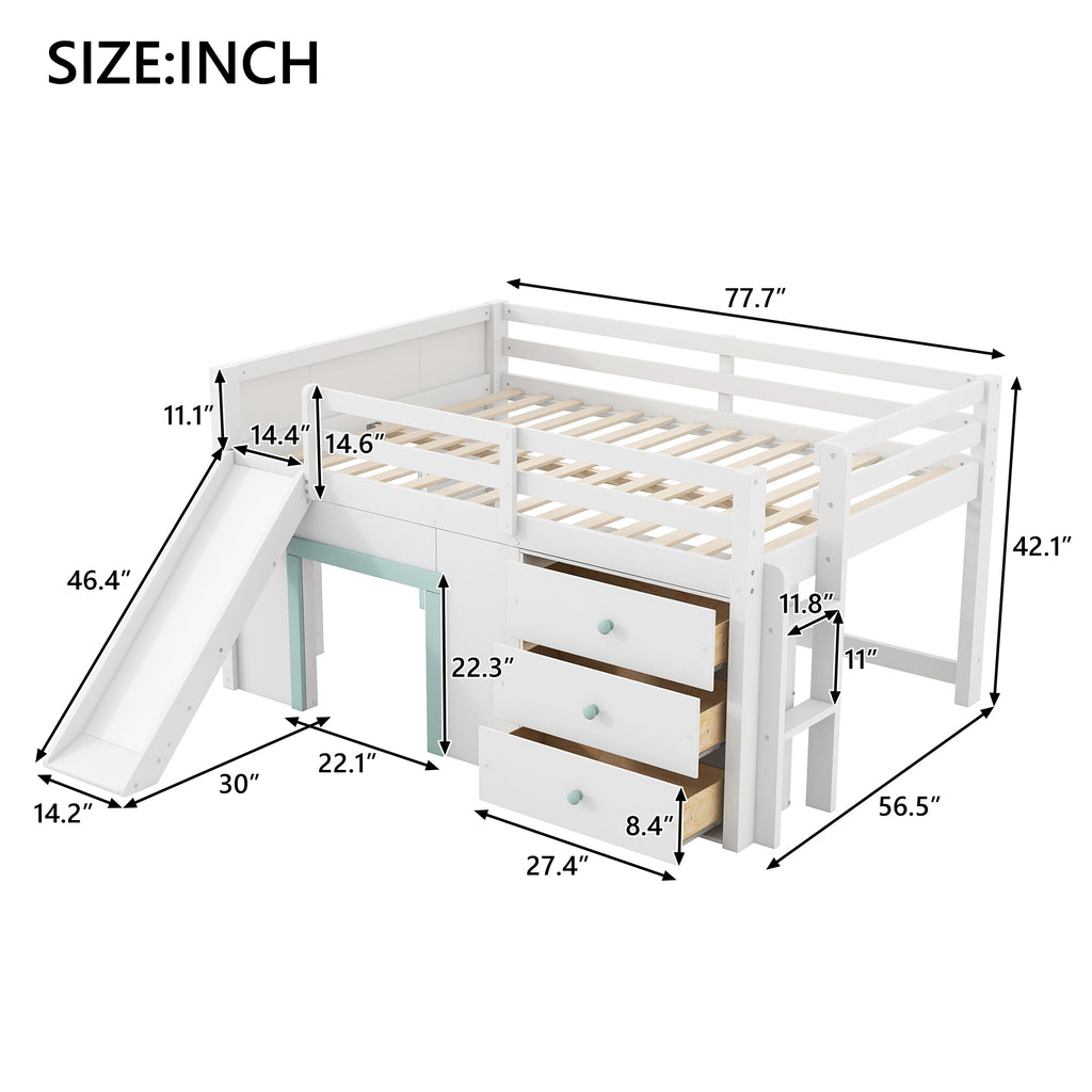 Full Size Low Loft Bed with Slide and Storage Drawers