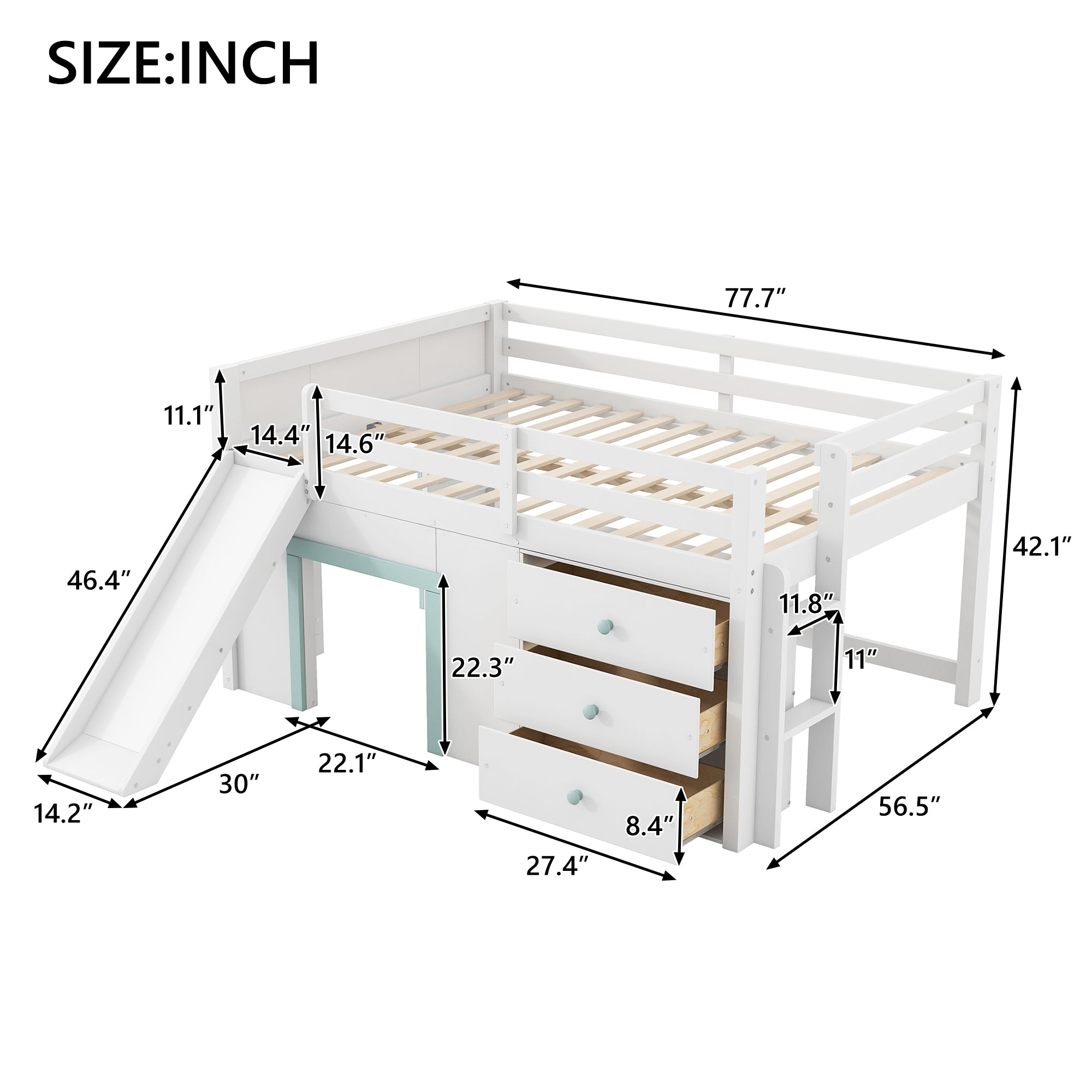 Full Size Low Loft Bed with Slide and Storage Drawers