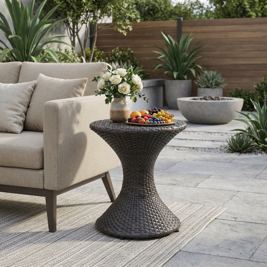 Outdoor 16-Inch Multi-Brown Wicker Hourglass Side Table