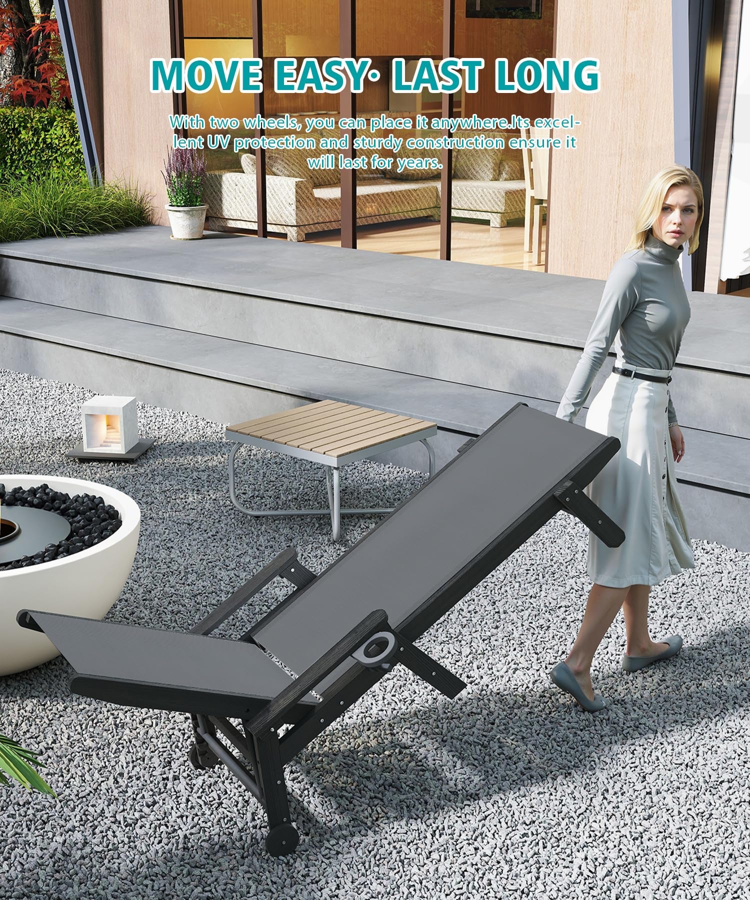 Outdoor Pool Lounge Chairs Set of 2, HDPE with Wheels