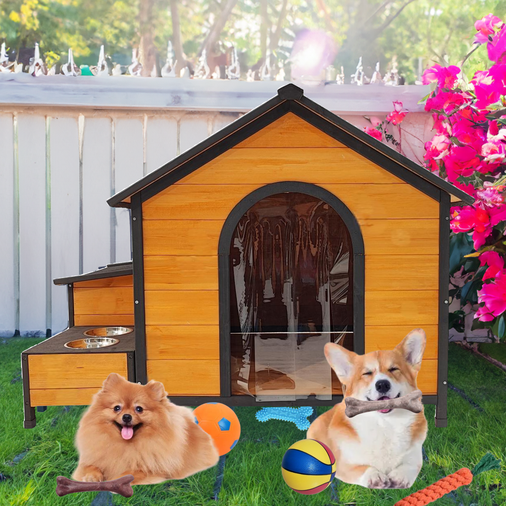 Wearable and Strong Wooden Dog House with Metal Bowls and Toy Box