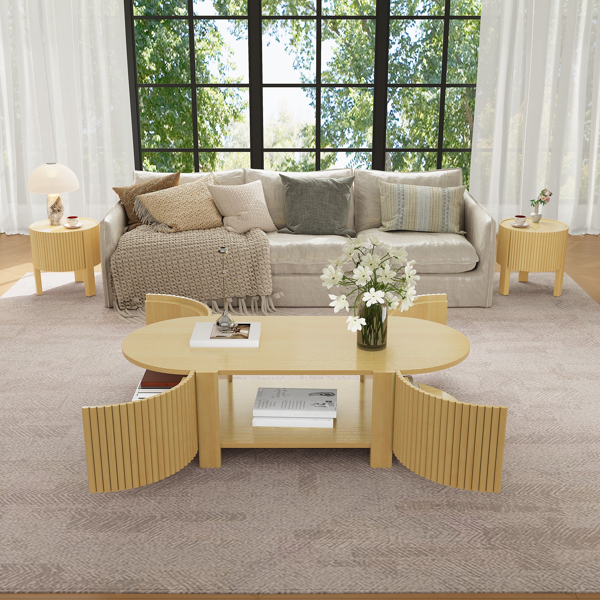 Oval Fluted Coffee Table with Storage for Living Room