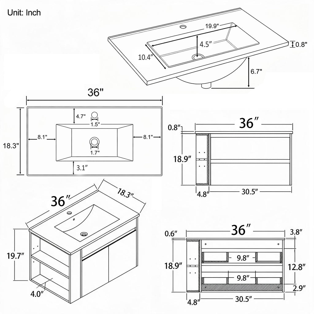 36" Floating Bathroom Vanity with Sink
