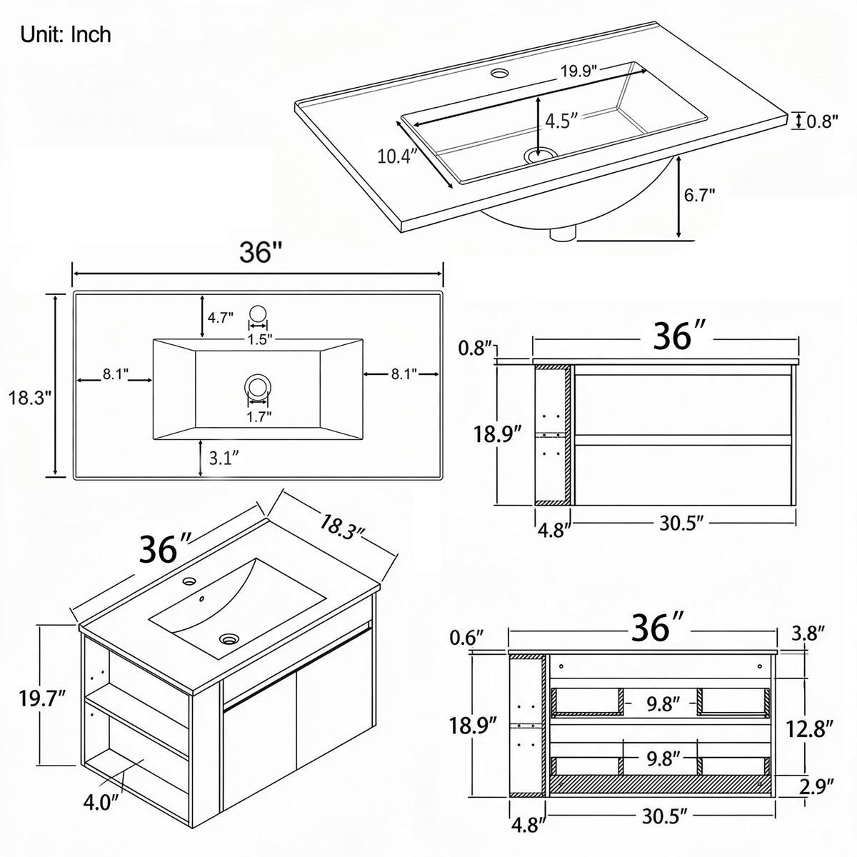 36" Floating Bathroom Vanity with Sink