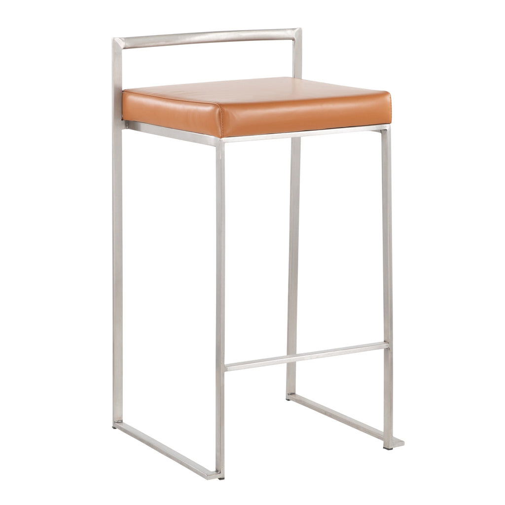 Contemporary Stackable Counter Stool in Stainless Steel with Camel Faux Leather Cushion - Set of 2