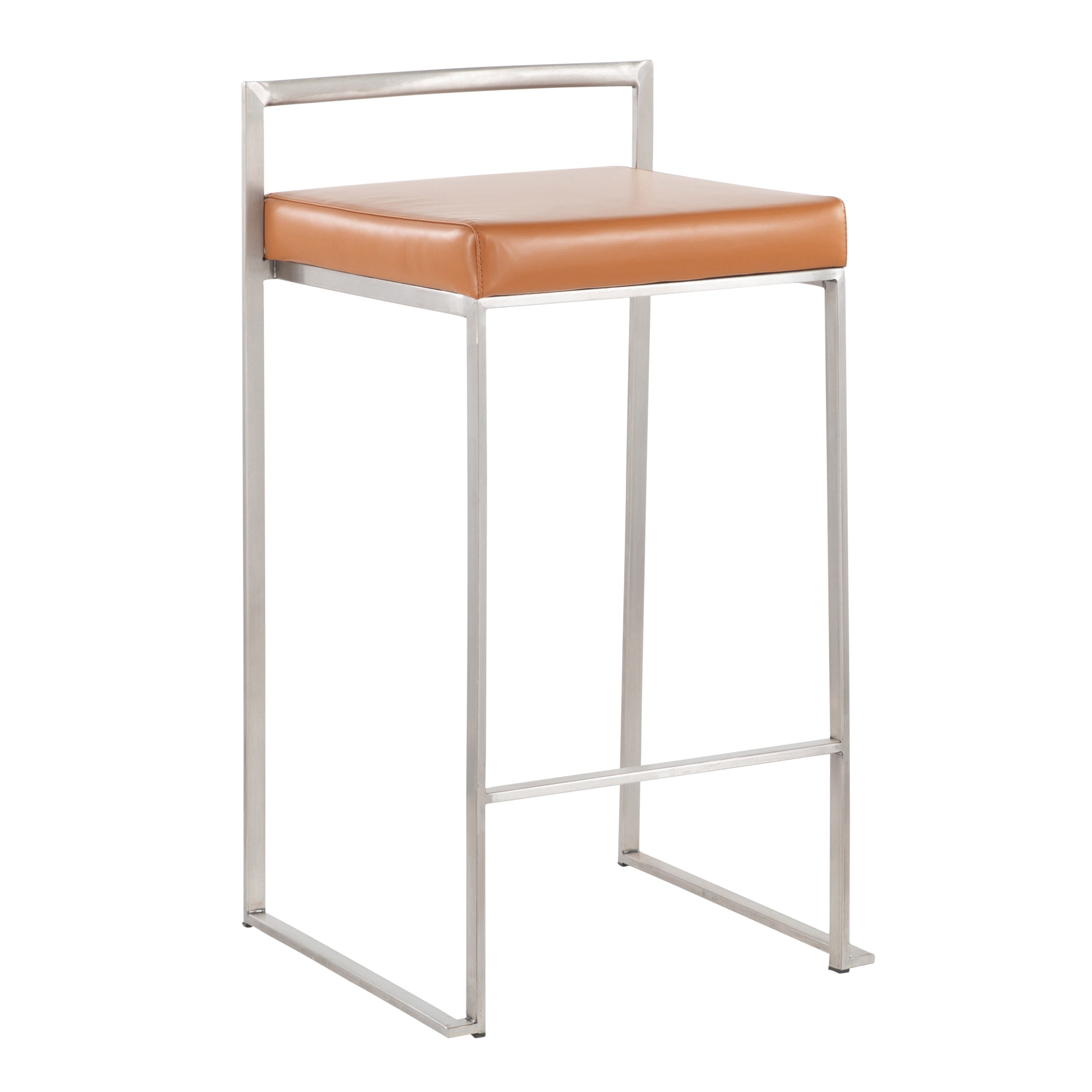 Contemporary Stackable Counter Stool in Stainless Steel with Camel Faux Leather Cushion - Set of 2