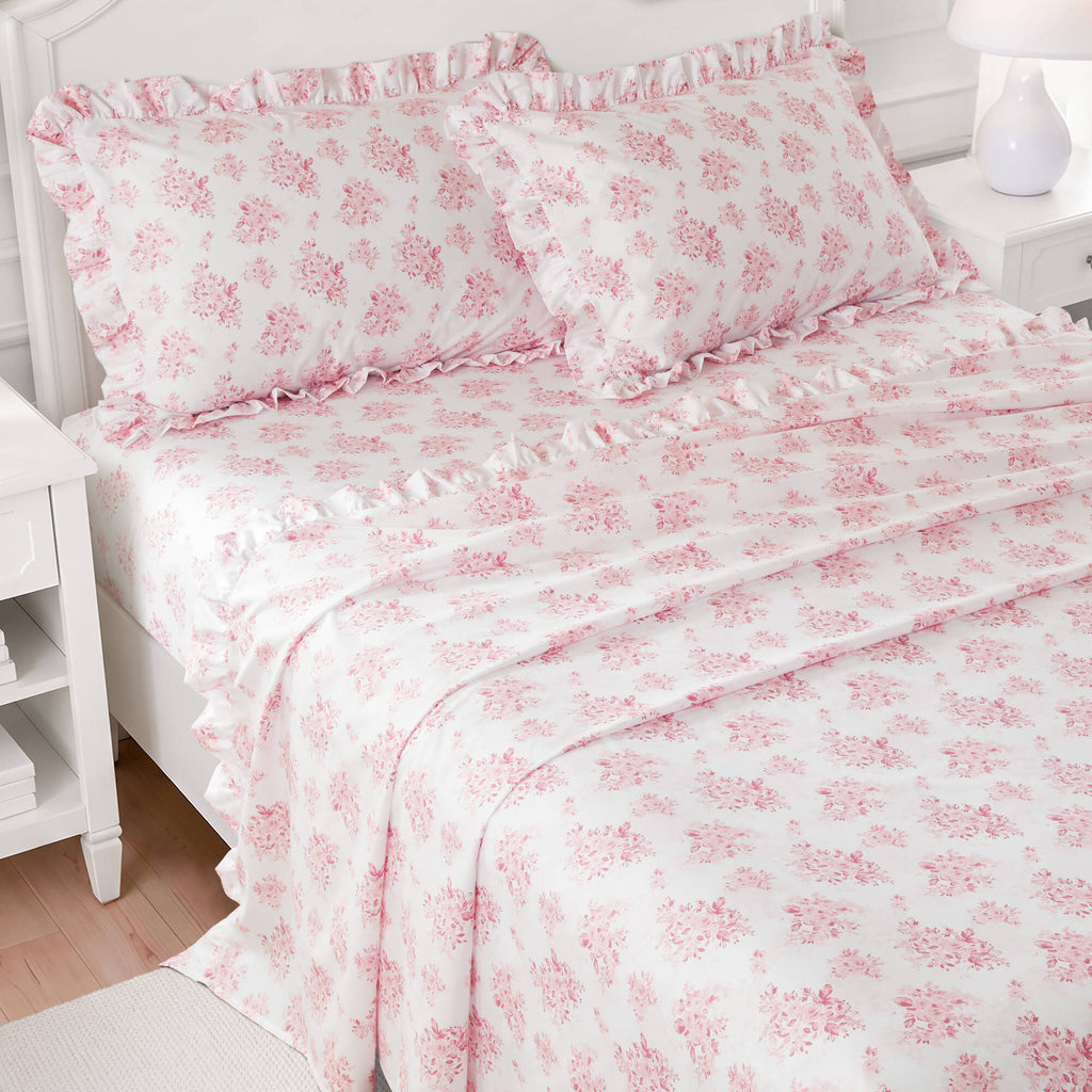 4-Piece Full Microfiber Sheet Set, Pink Floral, Ruffled Hem