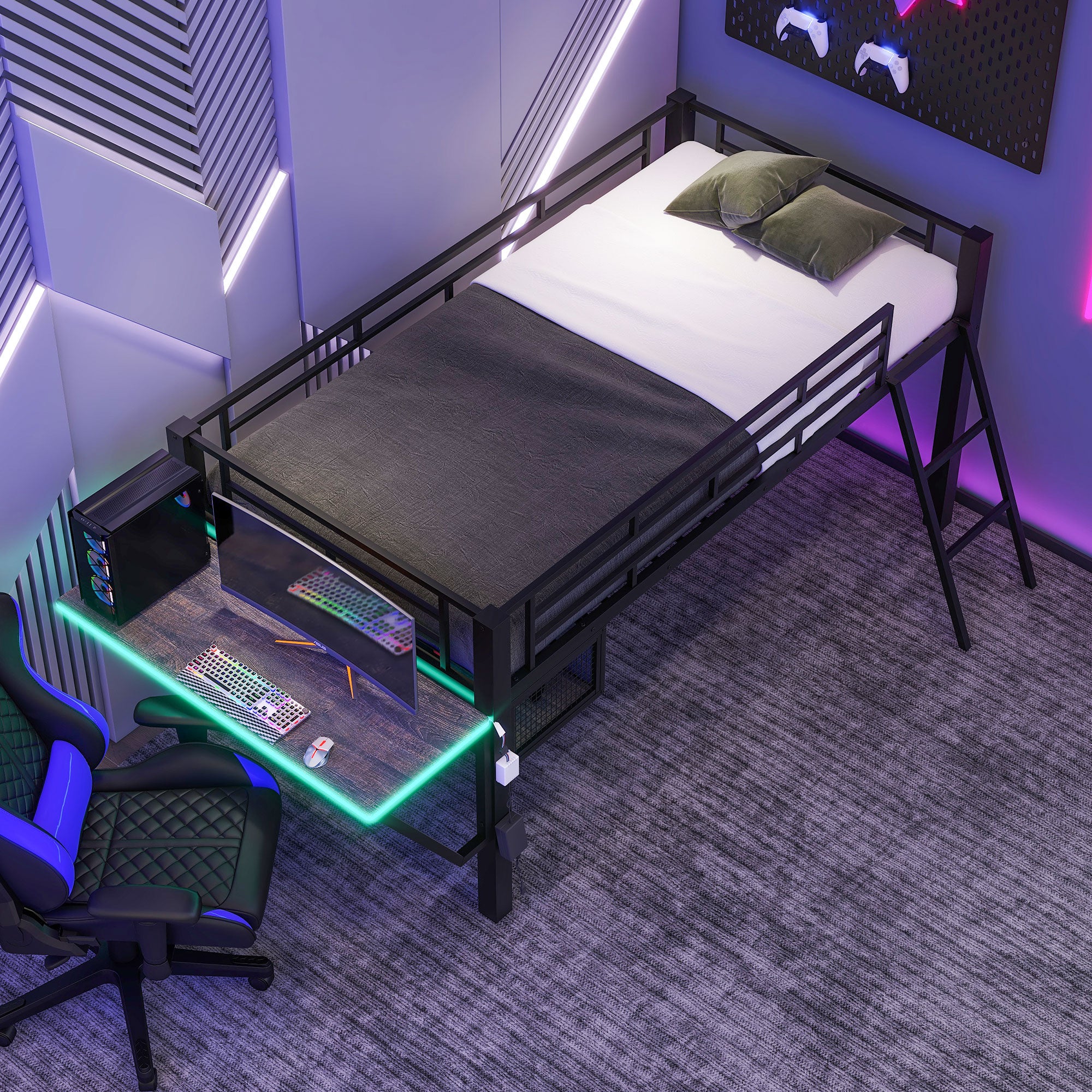 Gaming Mid Loft Bed With Desk & LED, Twin Size