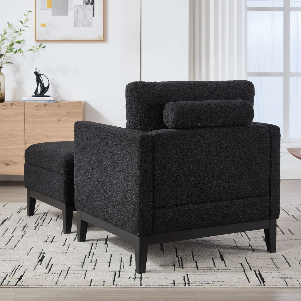 Farmhouse Performance Upholstered Wood Base Square Accent Arm Chair with Ottoman
