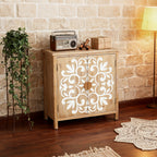 Rustic Wooden Accent Cabinet with Floral Carved Doors