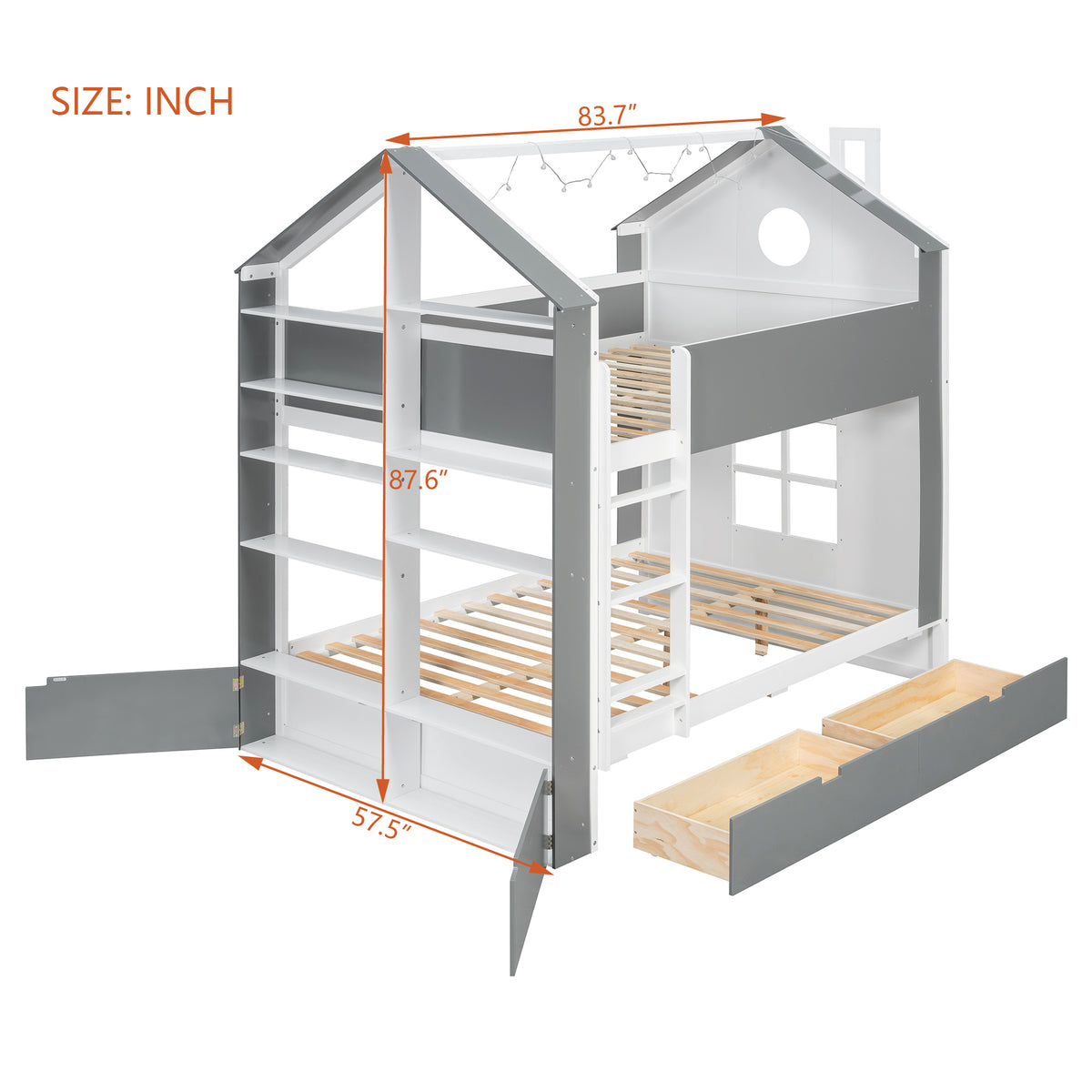 Full Size Bunk Bed with Storage Drawers & Shelves