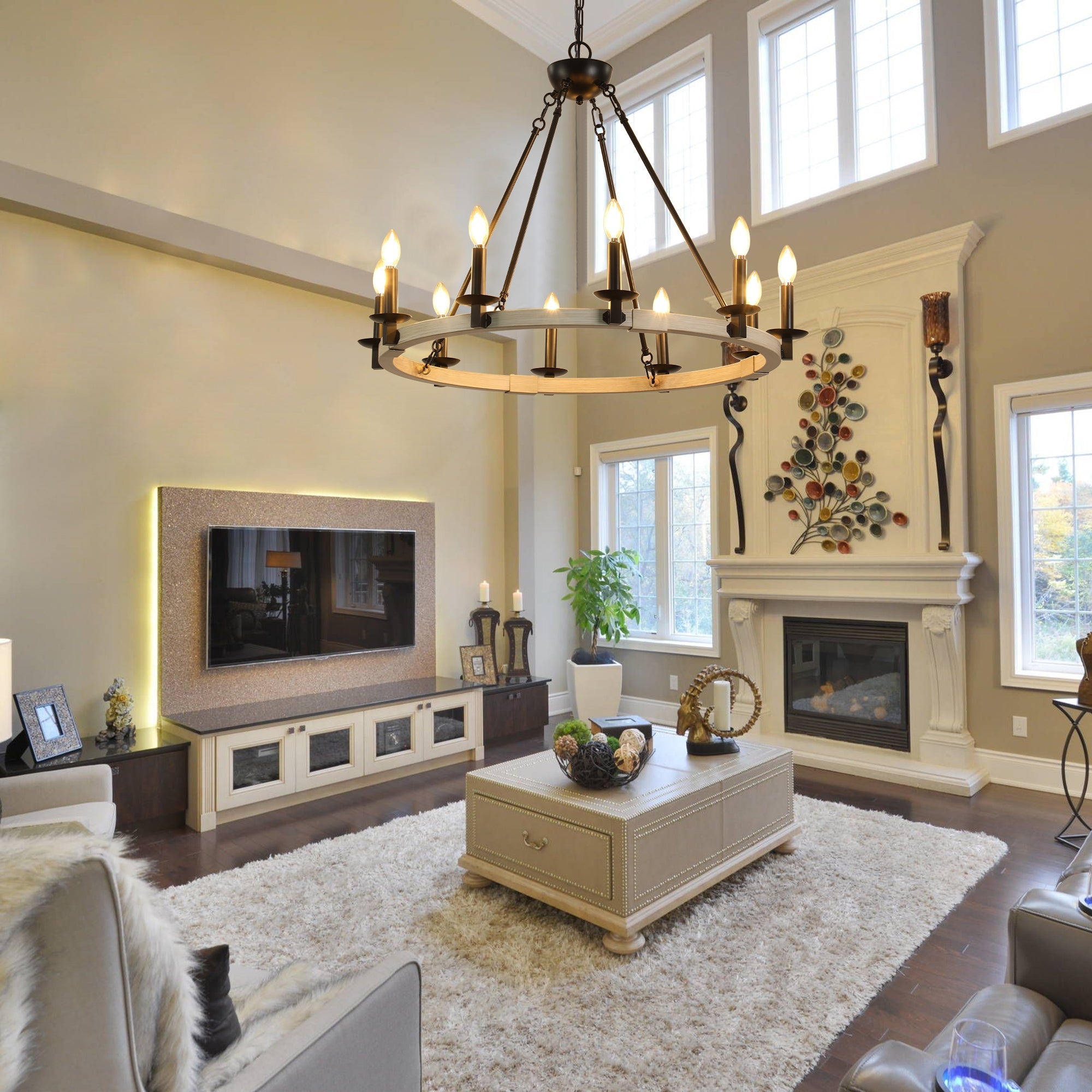 32" Rustic Farmhouse 10-Light Candle Chandelier