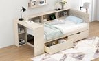 Wood Twin Size Platform Bed with Storage Shelves, Drawers, Charging Station and Upholstered Headboard