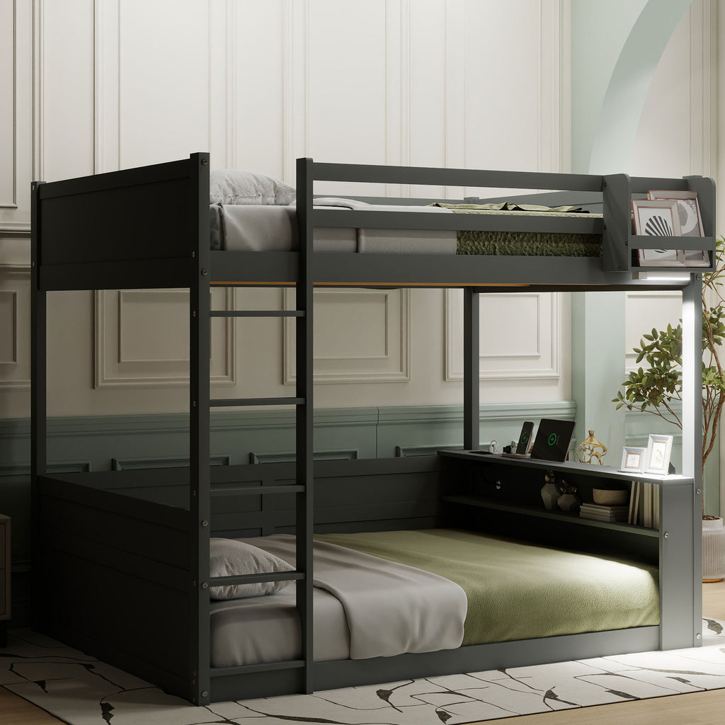 Queen Size Wooden Bunk Bed with Built-in Shelves and Storage